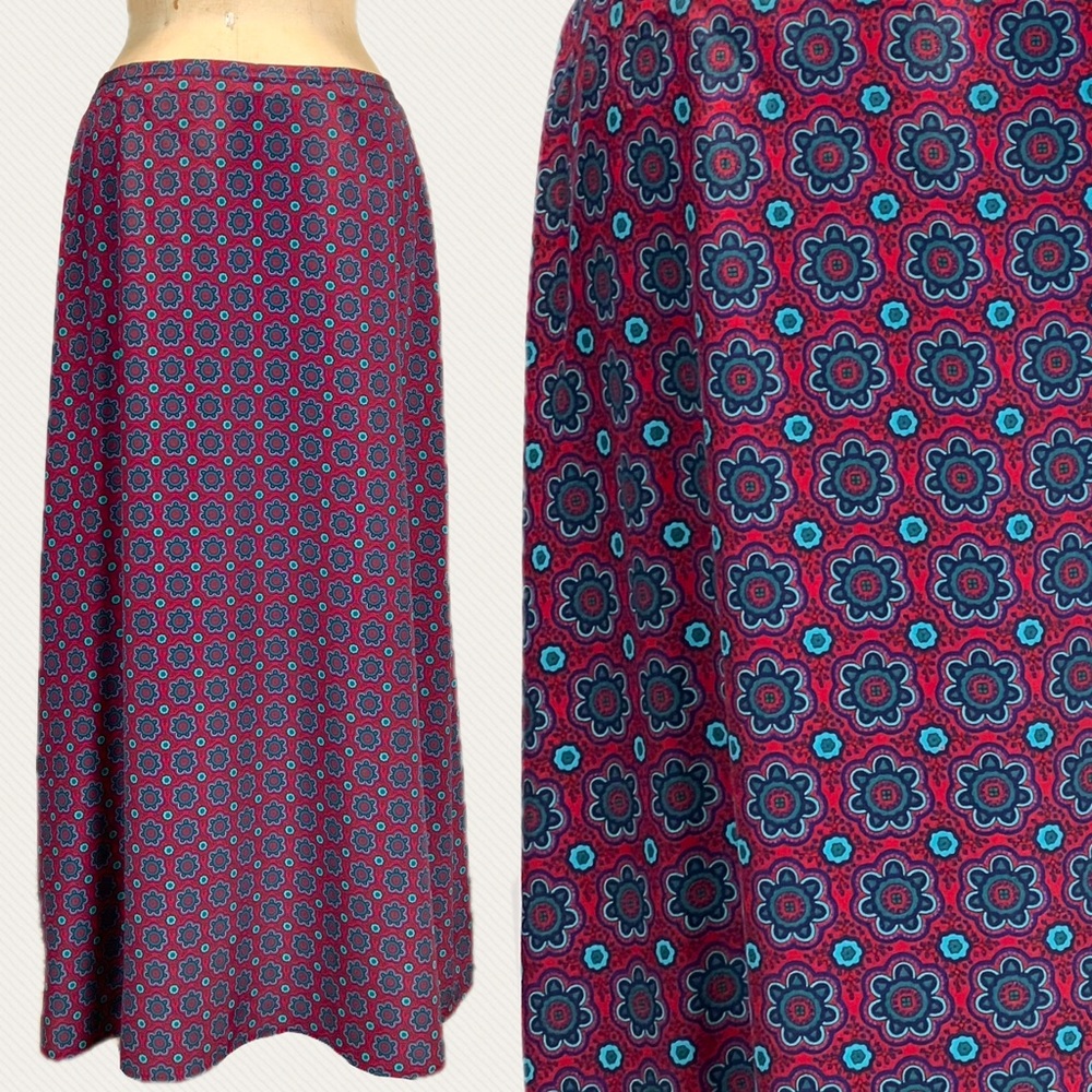 VINTAGE 80s long maxi skirt geometric floral silky lightweight dark academia 90s